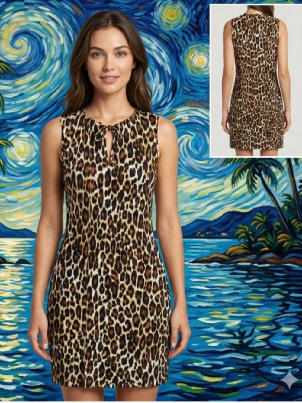 Tommy Bahama Tropi-Cat Split Neck Spa Dress Leopard Print Size L